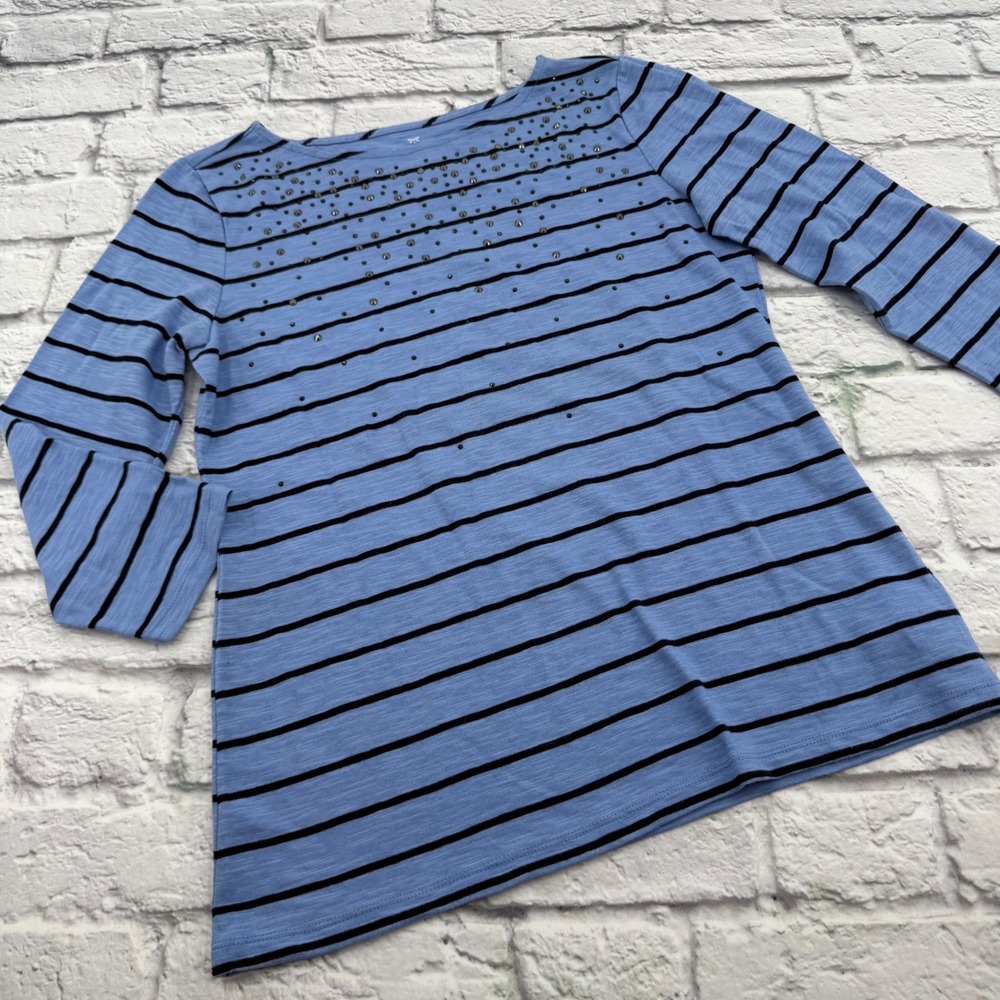 Talbots Womens Small Blue Striped Beaded Studded 3/4 Sleeve Cotton Top